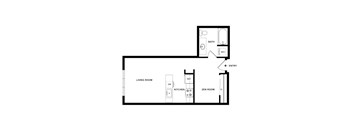 A floor plan of a small apartment with a living room, kitchen, zen room, and bathroom.