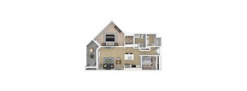 A 3D rendered image of a house layout with a kitchen, living room, and two bedrooms.