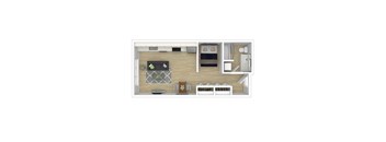 A top-down view of a small apartment with a kitchen, living room, and bedroom.
