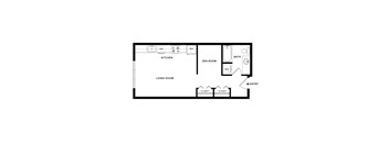 A floor plan of a small apartment with a living room, kitchen, zen room and bathroom.