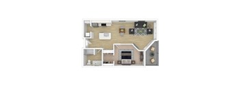 A 3D floor plan of a house with a kitchen, living room, and bathroom.
