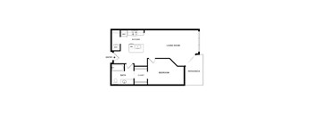 A floor plan of a home with a living room, kitchen, bedroom, bathroom, and closet.