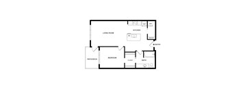 A black and white floor plan of a house with a living room, kitchen, pantry, bedroom, bathroom, and patio/deck.