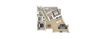 A 3D floor plan of a house with various rooms and furniture.