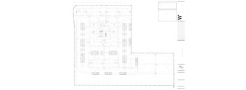 A floor plan of a building with multiple rooms and a separate section for parking.