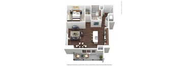 A floor plan of a small apartment with a living room, kitchen, and two bedrooms.