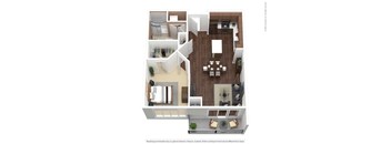 A floor plan of a house with a living room, dining room, kitchen, and two bedrooms.