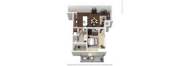 A floor plan of a two-story apartment with a living room, kitchen, and bedrooms.