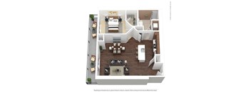 A 3D floor plan of a house with a living room, dining room, kitchen, and two bedrooms.