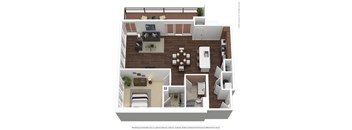 A 3D rendered image of a modern apartment layout.