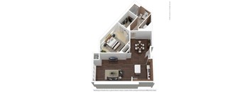 A 3D floor plan of a house showing a living room, kitchen, and two bedrooms.