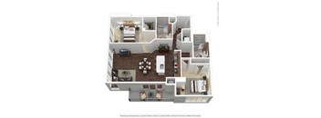 A 3D floor plan of a house with multiple rooms and furniture.