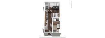 A 3D in-room layout of a bedroom with a bathroom.