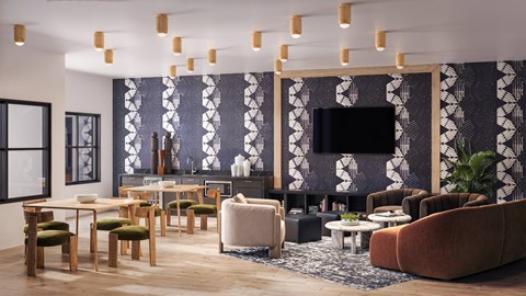 A modern living room with a fireplace and a patterned wallpaper.