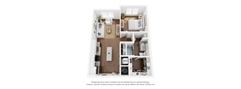 A 3D floor plan of a small apartment with a kitchen, living room, and bathroom.