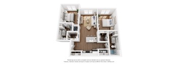 A 3D floor plan of a small apartment with a kitchen, living room, and two bedrooms.