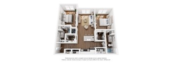 A 3D floor plan of a small apartment with two bedrooms, a living room, and a kitchen.