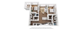 A 3D floor plan of a two-bedroom apartment.