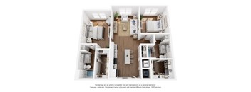A 3D floor plan of a small apartment with a kitchen, living room, and bedrooms.