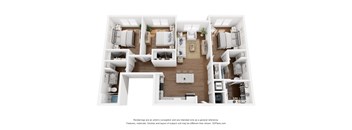 A 3D floor plan of a house with a kitchen, living room, and two bedrooms.