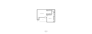 A floor plan of a small apartment with a living/dining area, bedroom, and bathroom.