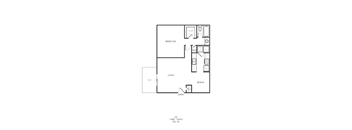 A black and white image of a floor plan for a one bedroom apartment.