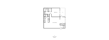 A black and white drawing of a floor plan for a 1 bedroom, 1 bathroom apartment.