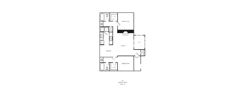 A floor plan of a two bedroom apartment with a living room, dining room, kitchen, and bathroom.