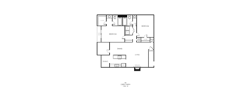 A black and white floor plan of a house with two bedrooms, a living room, a dining room, and a bathroom.