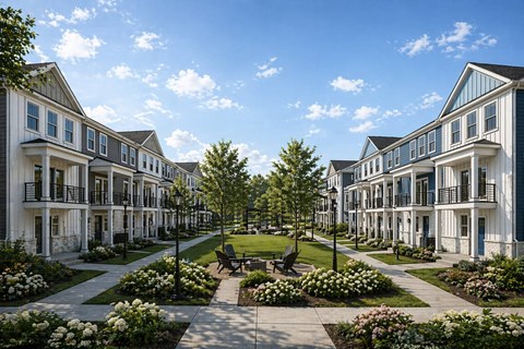 A row of white buildings with balconies and flower gardens in front.