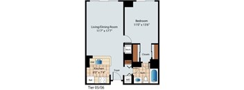 A floor plan of a small apartment with a living/dining room, kitchen, bathroom, and bedroom.