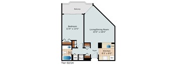 A diagram of a house layout with a balcony, bedroom, living/dining room, kitchen, and foyer.