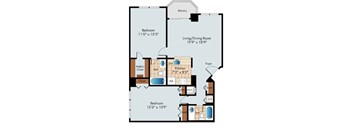 A floor plan of a home with a living room, two bedrooms, a kitchen, and a balcony.