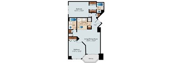 A floor plan of a two bedroom apartment with a living room and kitchen.