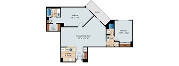 A floor plan of a home showing two bedrooms, a living/dining room, a kitchen, a foyer, a bathroom, a walk-in closet, and a balcony.