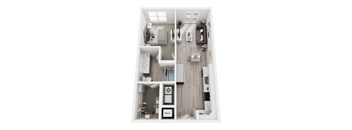 A floor plan of a small apartment with a kitchen, living room, and bathroom.