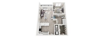 A floor plan of a house with a kitchen, living room, and bathroom.