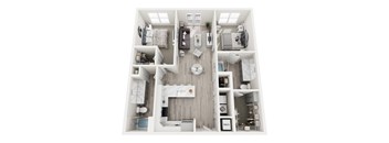A top-down view of a small, neatly organized apartment.