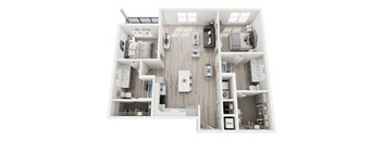 A top-down view of a small, neatly organized apartment.