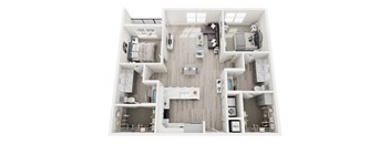 A top-down view of a small apartment with a kitchen, living room, and bedroom.