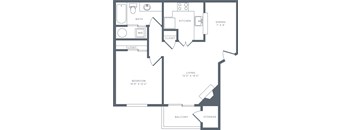 A floor plan of a small apartment with a bedroom, living room, kitchen, and storage.
