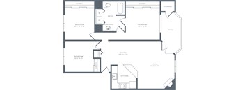 A floor plan of a house with three bedrooms, a living area, a kitchen, a bathroom, and storage space.