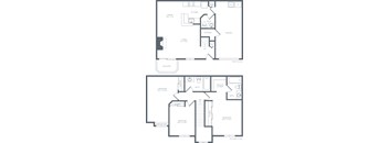 A black and white image of a two-story house floor plan.