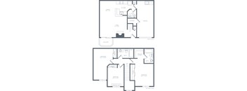 A black and white image of a two-story house floor plan.