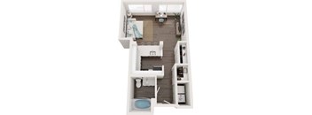 A top down view of a small apartment with a kitchen, living room, and bathroom.