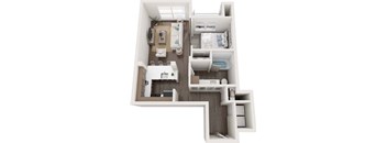 A 3D floor plan of a small apartment with a kitchen, living room, and bathroom.