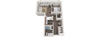 A top-down view of a small apartment with a kitchen, living room, and bathroom.