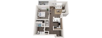 A top-down view of a small apartment with a bedroom, living room, and kitchen.
