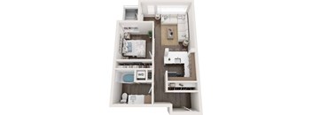 A floor plan of a small apartment with a bedroom and a living room.