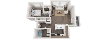 A top down view of a small apartment with a bedroom, living room, kitchen, and bathroom.